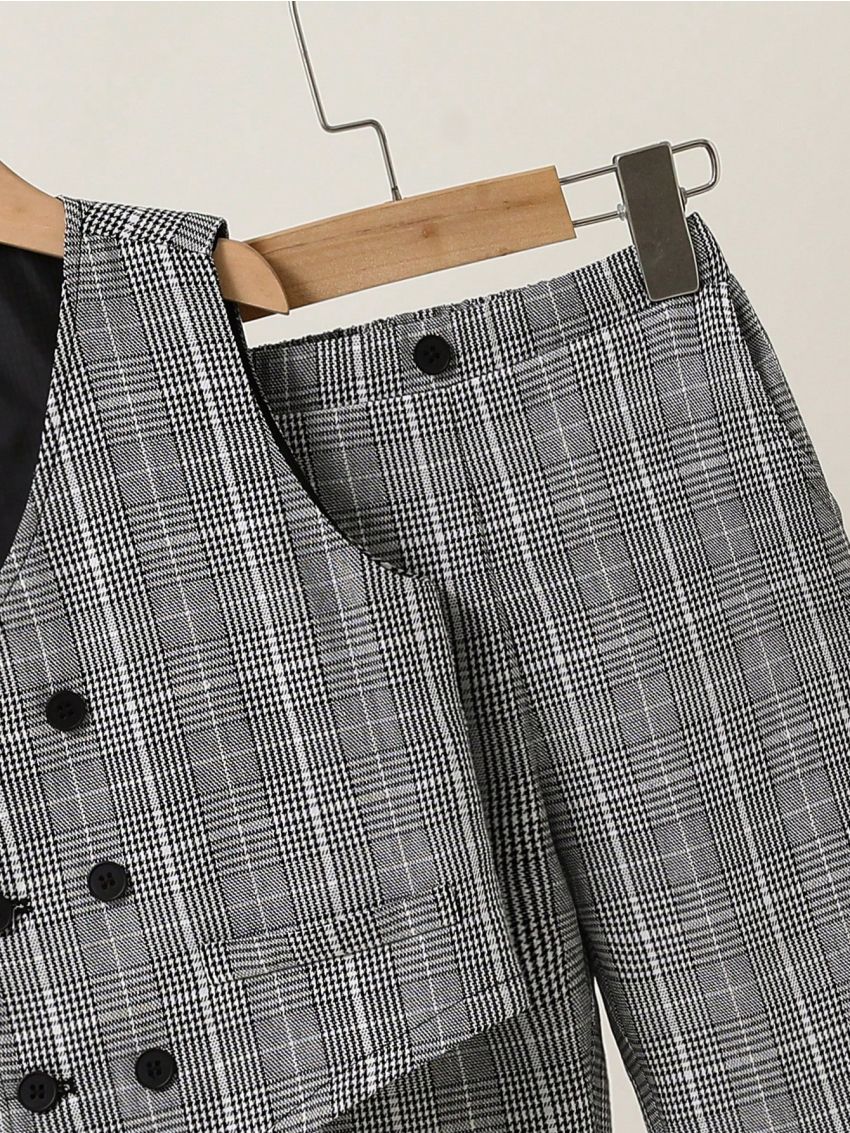 SHEIN Toddler Boys' Gentlemen Plaid Vest And Pants Suit