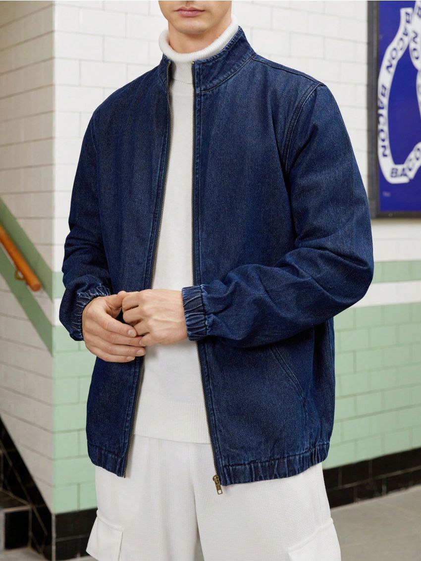 Manfinity Hypemode Men's Solid Color Half-high Collar Zipper Denim Jacket