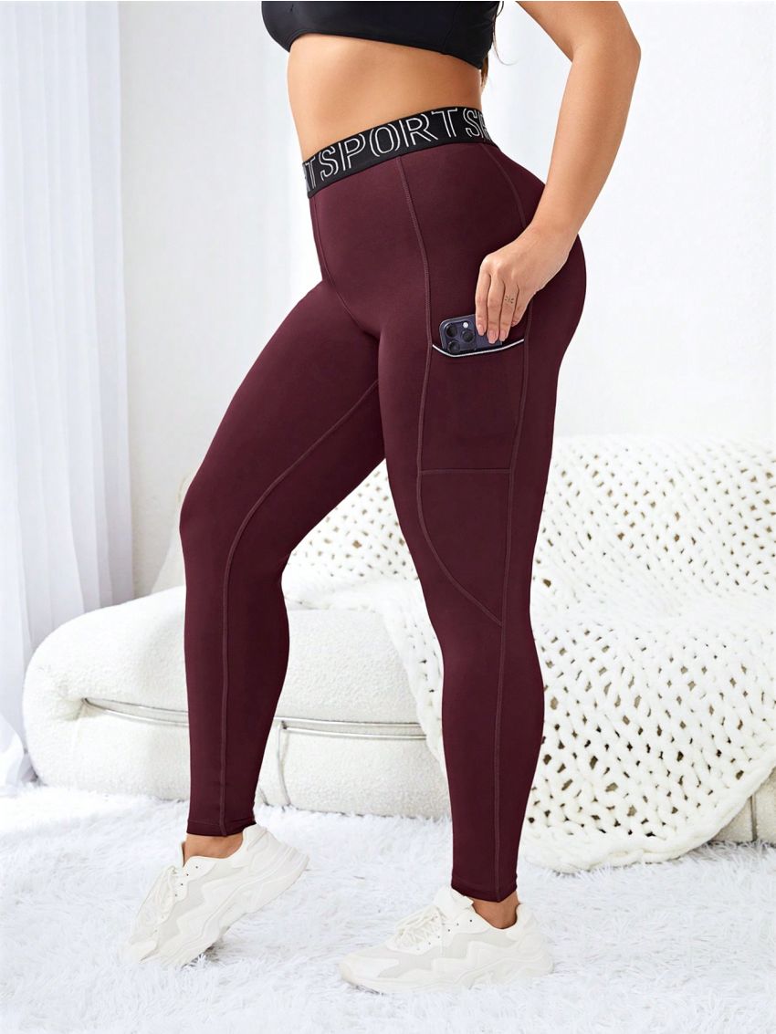 Yoga High Street Plus Size Women'S English Letter Waist Belted Pocketed Leggings For Sports And Street Style