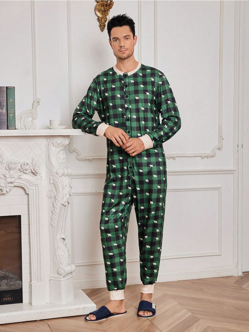 Men Gingham Print Button Up Lounge Set