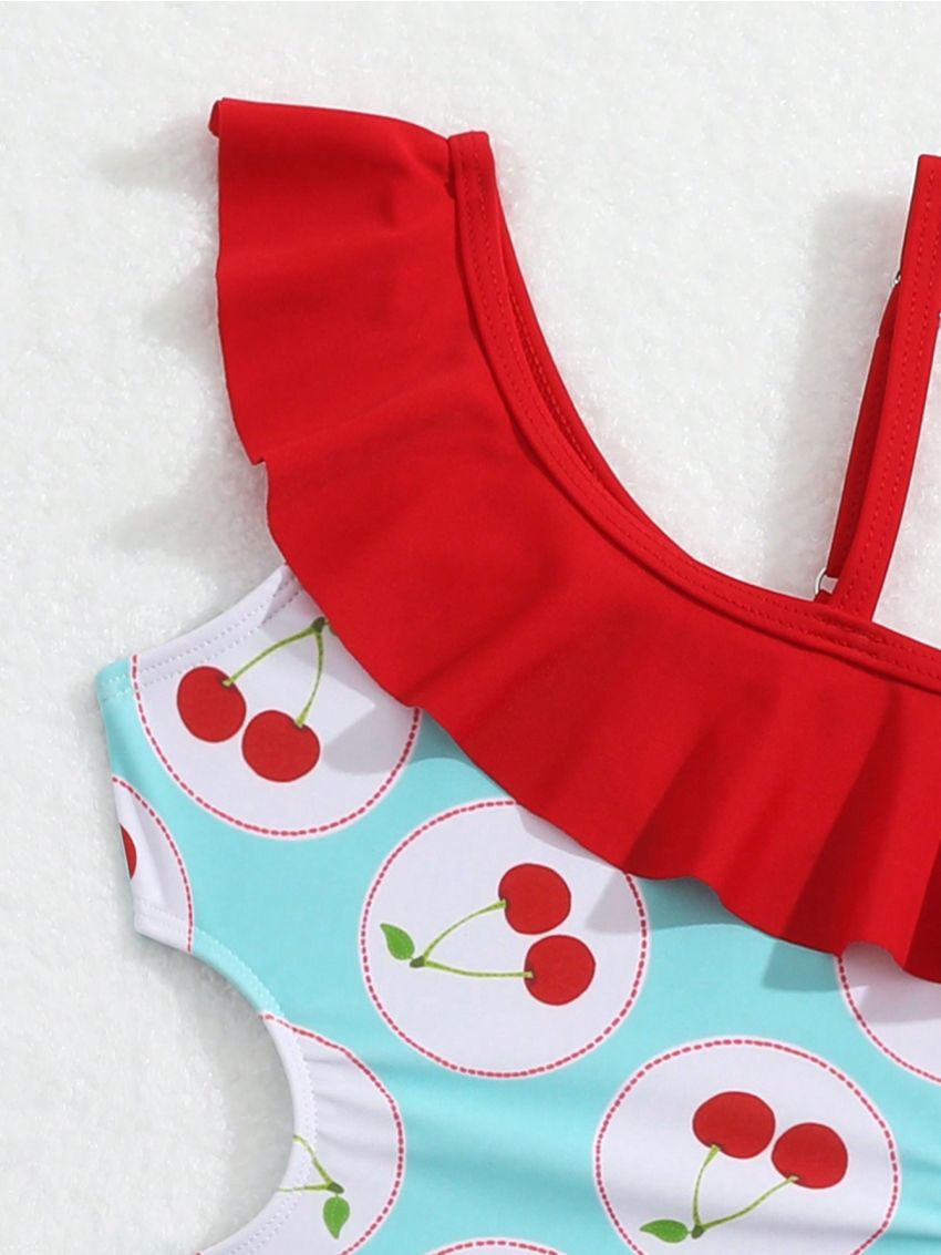 Infant Girls' Cherry Pattern One Piece Swimsuit With Ruffled Hem