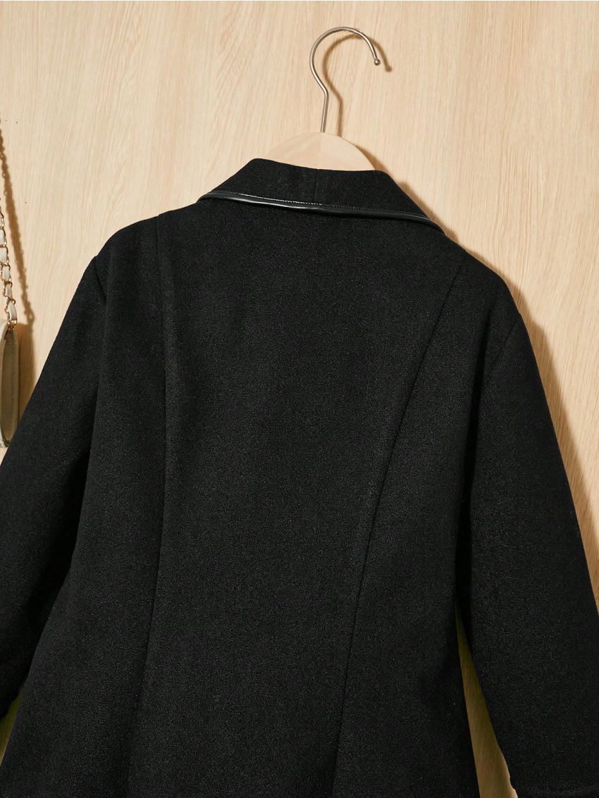 SHEIN Kids Nujoom Tween Girls' Oversized Retro Woolen Coat With Pu Trimmed Lapel Collar