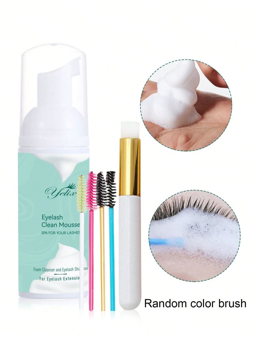 60mL Eyelash Shampoo Foam Lashes Cleanser For Eyelash Extension Gentle Shampoo + Brush for Makeup Remover Paraben & Sulfate & Oil Free for Salon and Home Use (Random Color Brush)