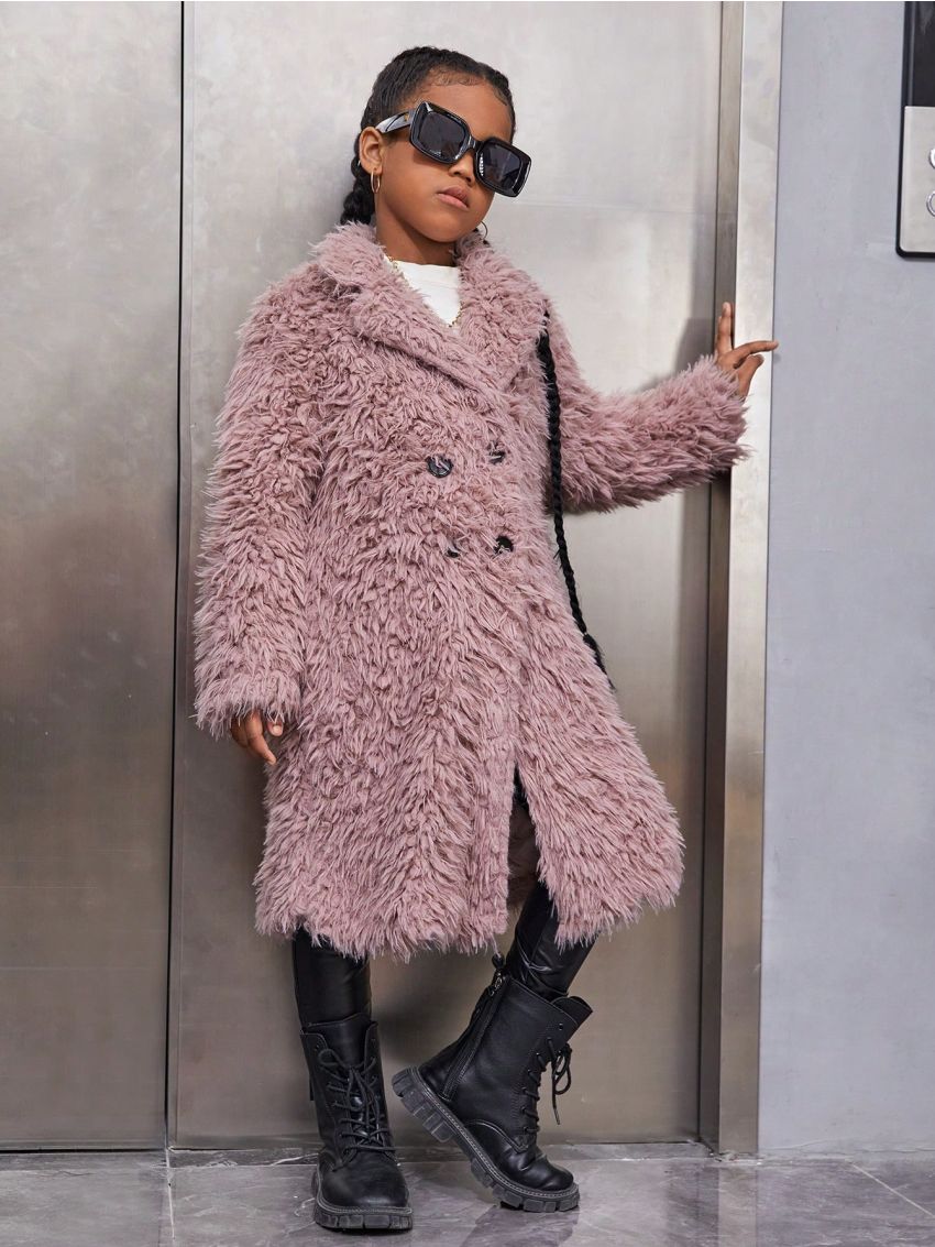 SHEIN Kids Cooltwn Tween Girl Double Breasted Fuzzy Coat