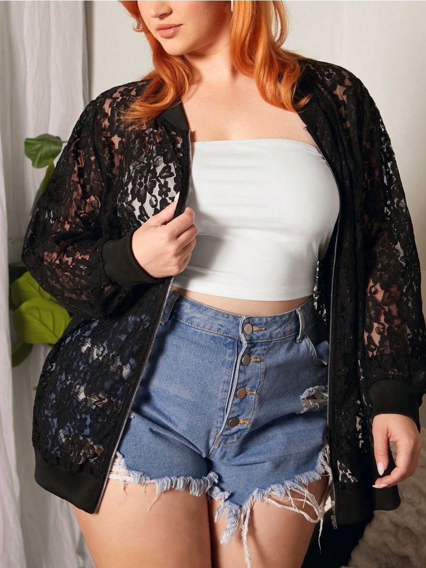 SHEIN CURVE+ Plus Size Lace Zipper Bomber Jacket