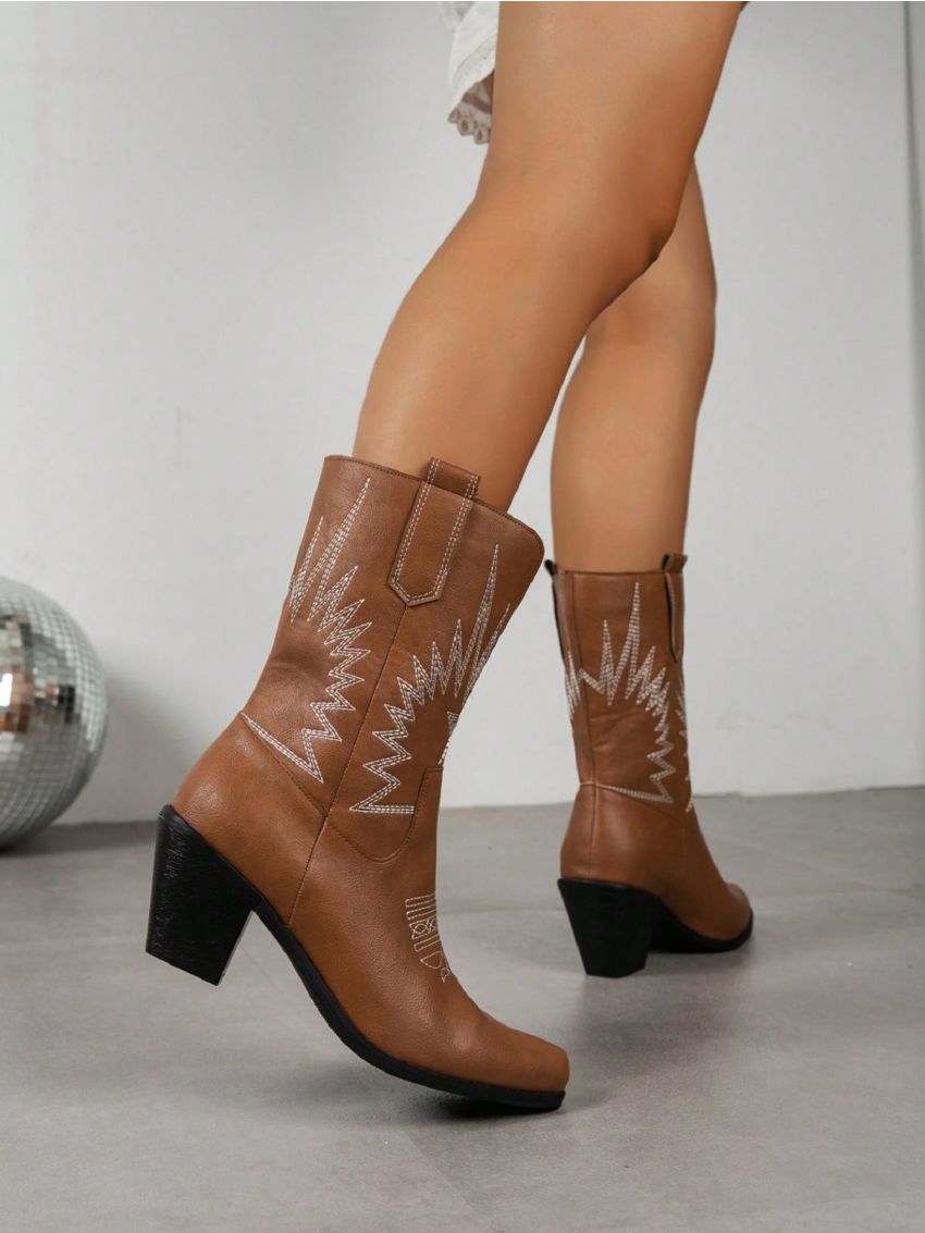 2023 New Vintage Western Cowboy Boots For Women With Embroidery, V-shaped Mouth, Chunky Heel, Pointed Toe, Mid-calf, Knight, Single Boot, Autumn/winter