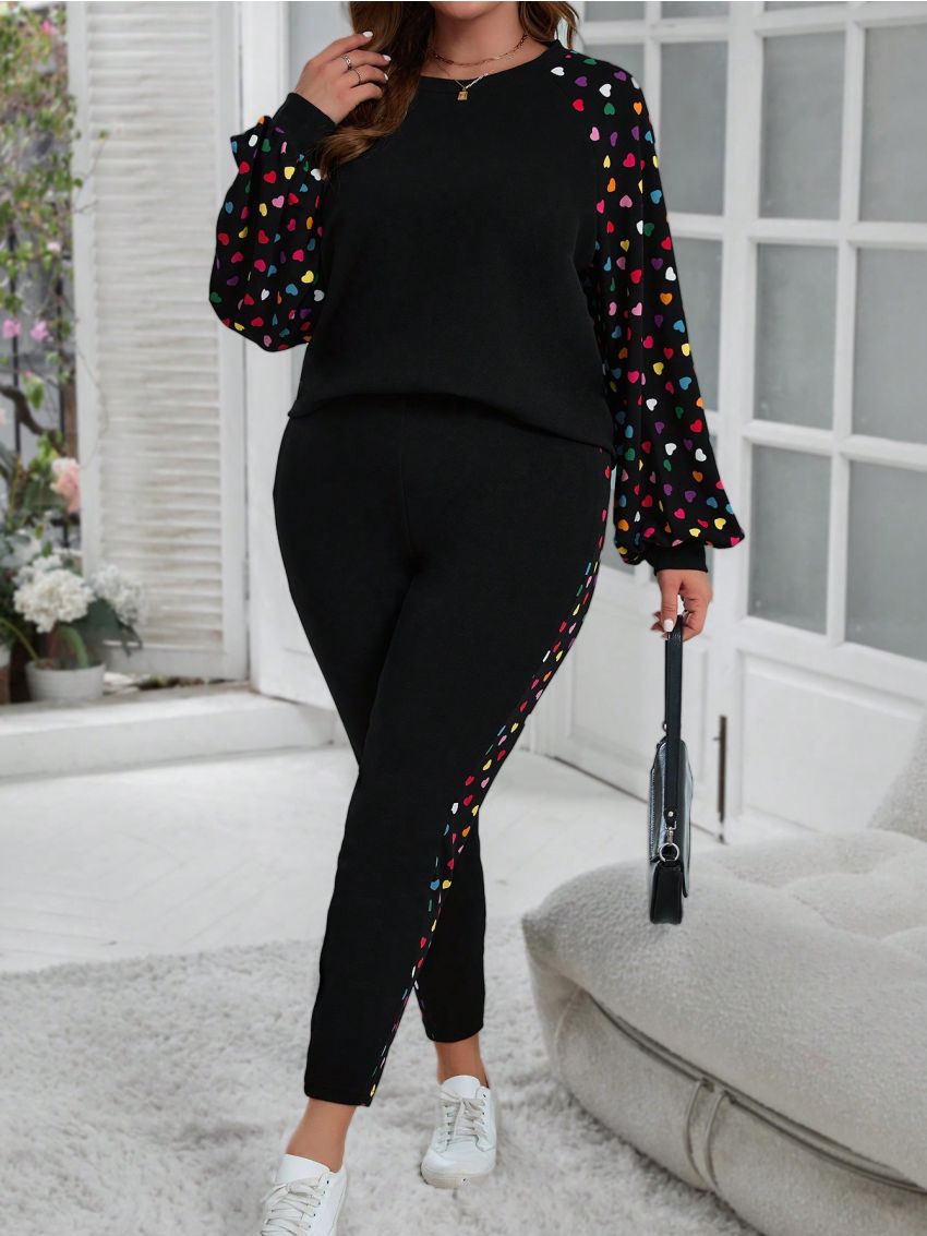 SHEIN LUNE Plus Size Love Print Splicing Two Piece Set