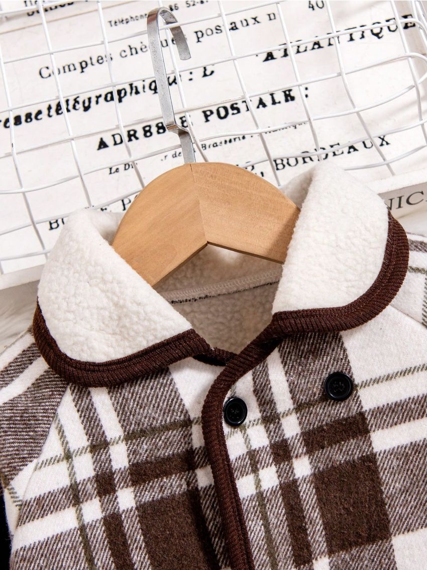 SHEIN Kids EVRYDAY Boys' Checked Plaid Insert Padded Jacket With Raglan Sleeves