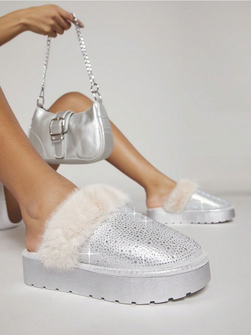 Fuzzy Detail Slip On Flatform Slippers
