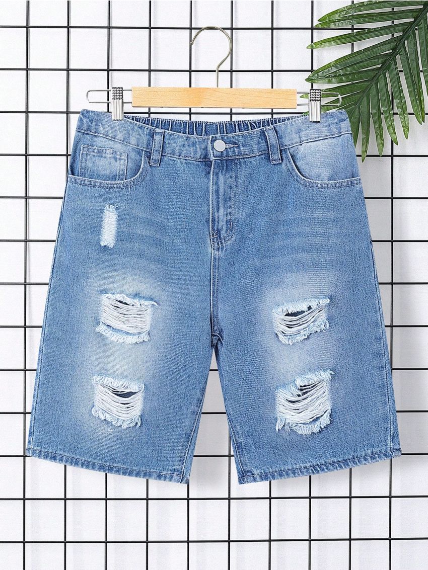 SHEIN Teenage Boys' Irregularly Distressed Straight Fit Denim Shorts Without Elasticity