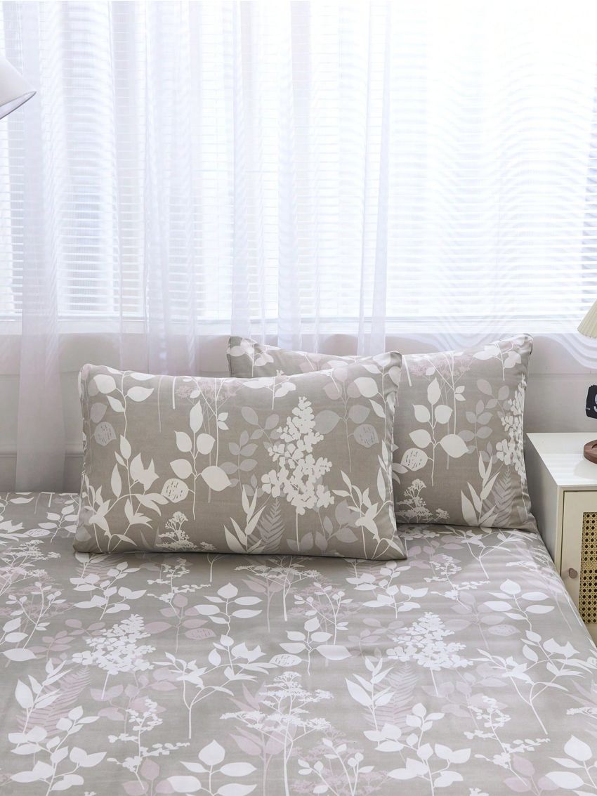 Polyester Grey Botanical Floral Pattern Bedding Set, 4pcs
