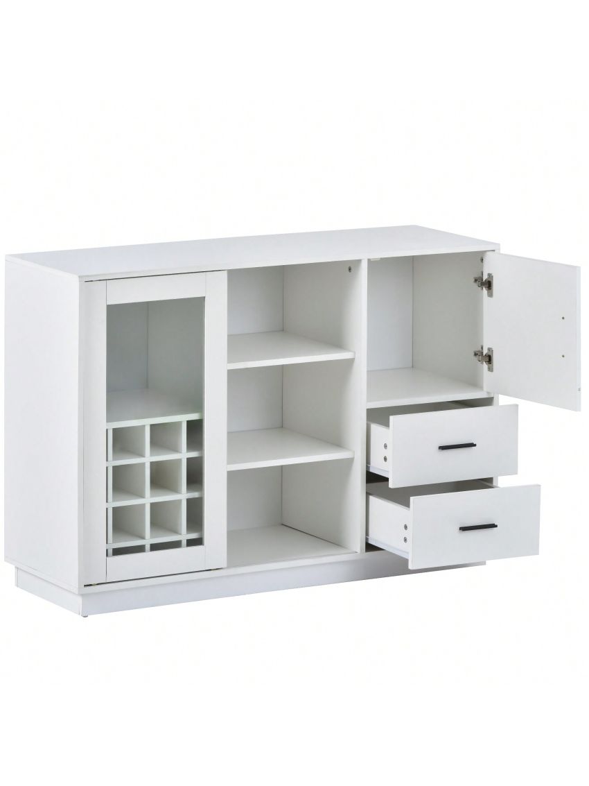 Kitchen Functional Sideboard with Glass Sliding Door and Integrated 16 Bar Wine Compartment, Wineglass Holders (White)