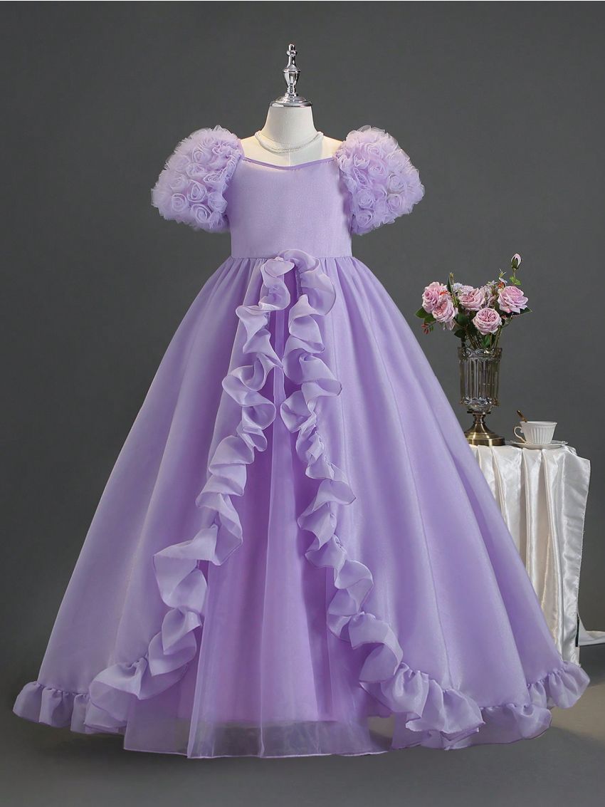 Tween Girls' Bubble Sleeves & Swing Hem Elegant Formal Dress, Suitable For Performances, Weddings, Parties And Birthday Celebrations
