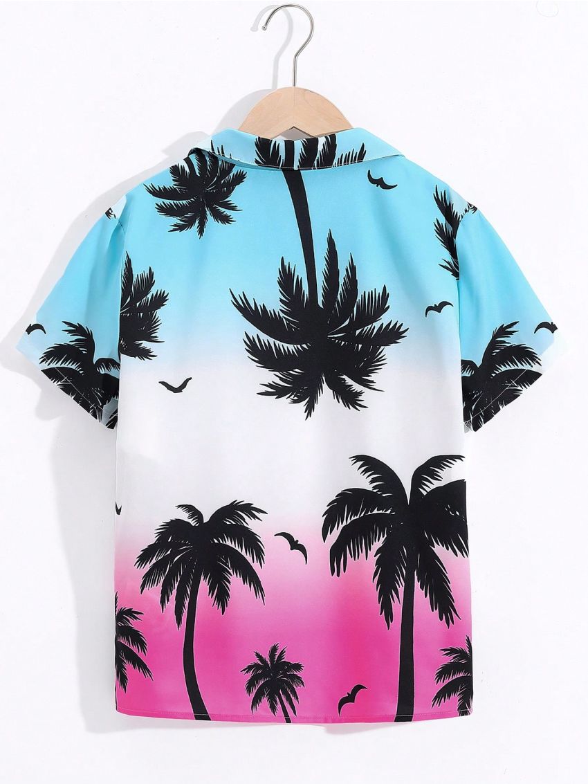 SHEIN Boys' Vacation Coconut Tree Printed Collared Loose Woven Shirt