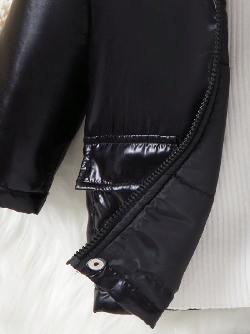 Baby Boy Fuzzy Trim Hooded Thermal Lined Winter Coat Without Sweater