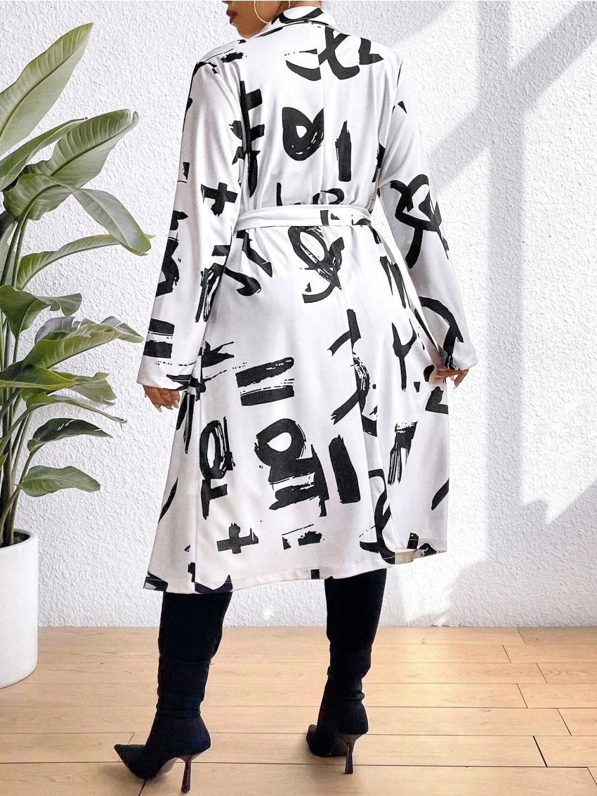 SHEIN Privé Women's Plus Size Random Print Coat With Lapel Necktie Belt