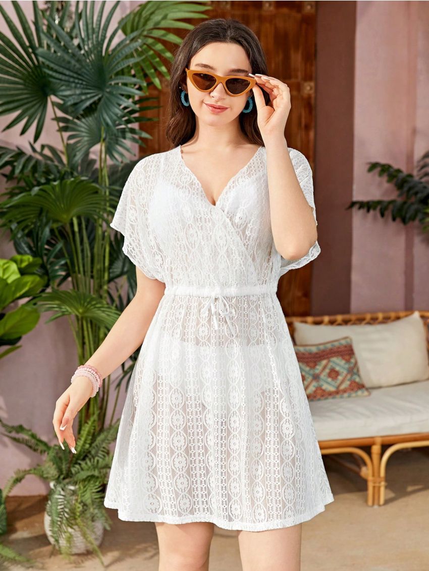 SHEIN Teen Girls' Knitted Hollow Out Lace-Up Cover Up With Waist Tie, Solid Color