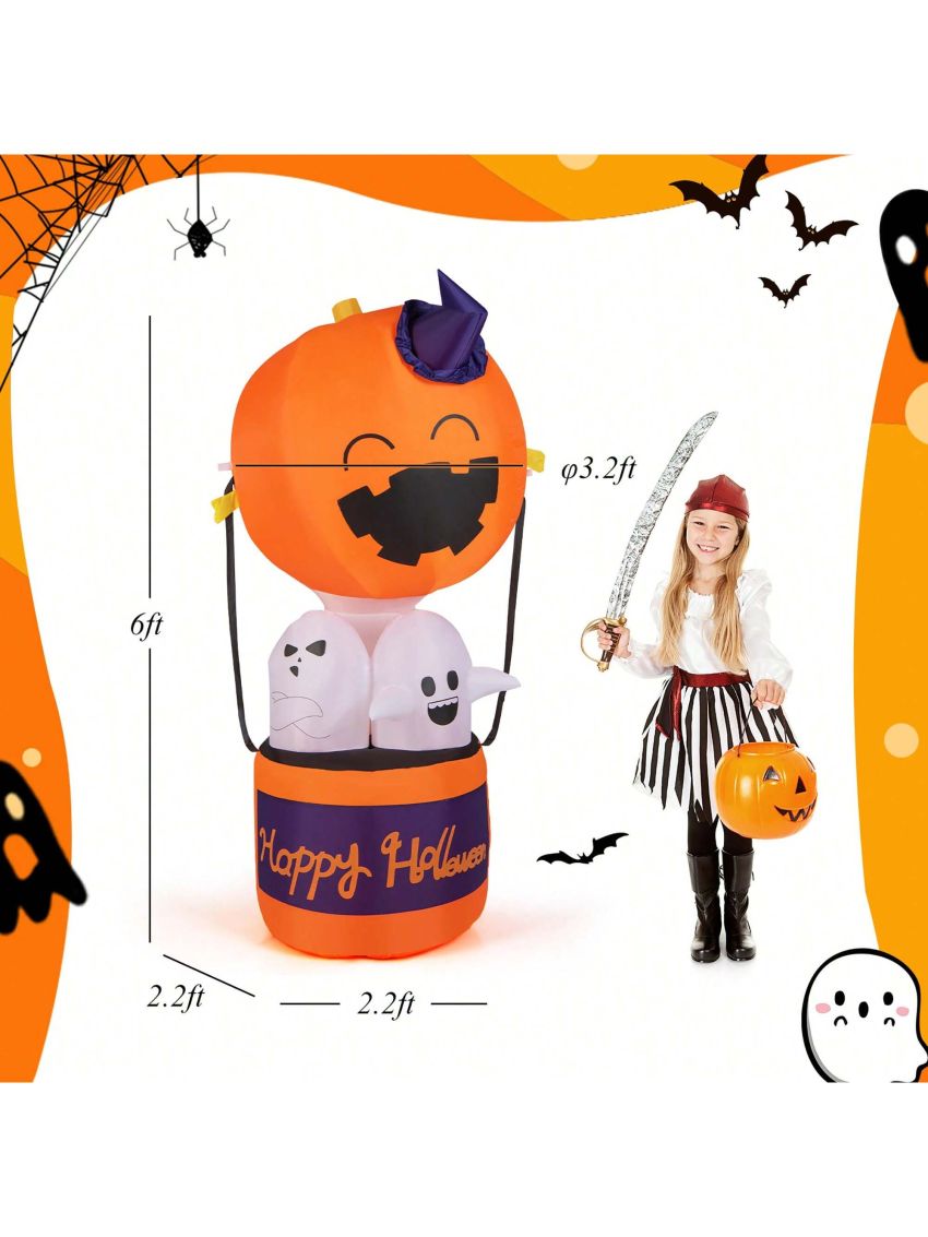 Gymax 6FT Tall Halloween Ghost Pumpkin Inflatable Hot Air Balloon Decor w/ LED Lights