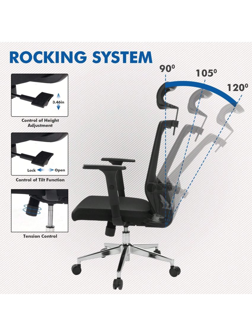 Ergonomic Office Chair with Adjustable Headrest, Lumbar Support, Mesh Desk Chair, Swivel Executive Task Chair, Computer Chair