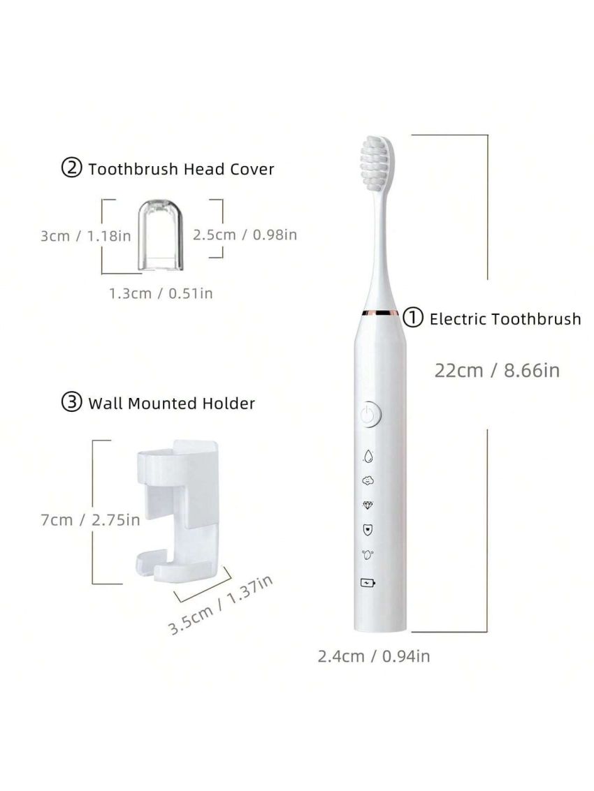 1pc Electric Toothbrush With 6 Replacement Brush Heads, Usb Rechargeable, 5 Cleaning Modes, Including Bathroom Wall-mounted Toothbrush Holder, Travel Toothbrush Head Caps (portable Protective Caps), Sonic Smart Toothbrush Ipx7 Waterproof, Whitening