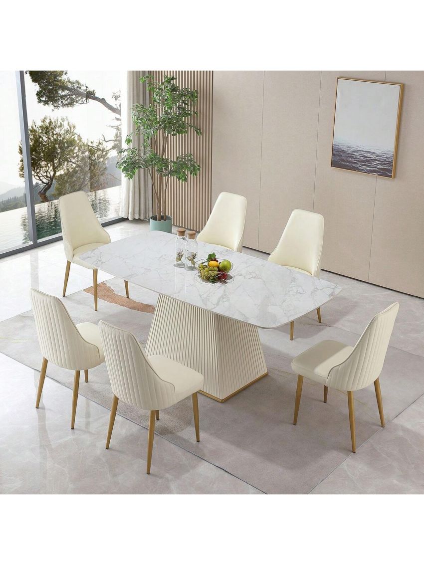 Montary 7 Piece Dining Room Set, Modern Dining Table and Chairs Set, Sintered Stone Dining Table Set for 6, White Marble Dining Table with 6 Orange Chairs for Kitchen, Dining Room