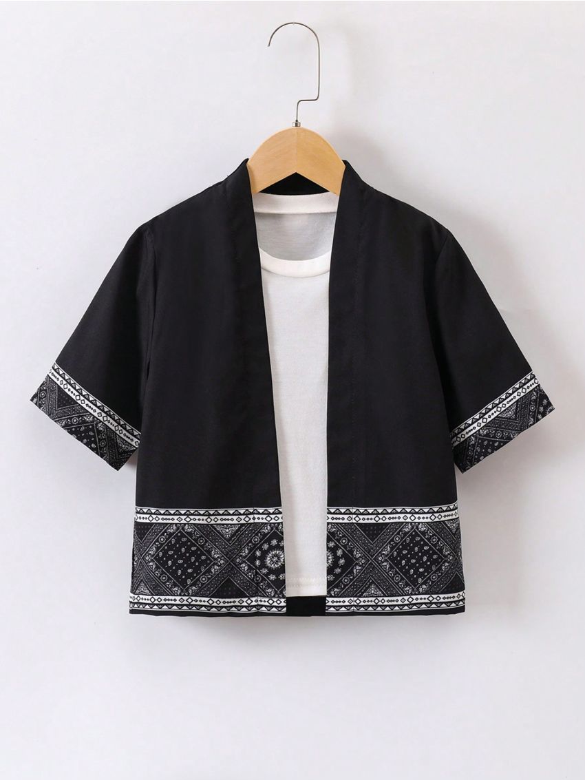 SHEIN Kids EVRYDAY Boys' Geometric Pattern Open Jacket