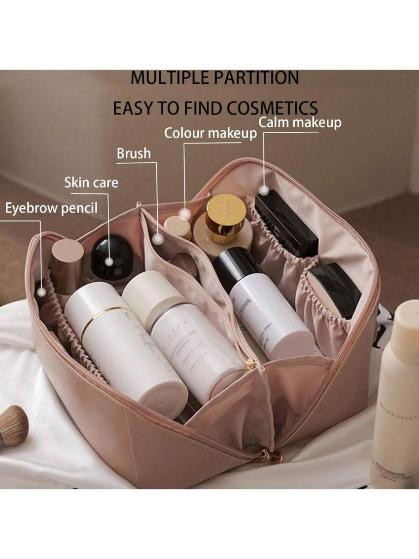 Large Capacity Travel Cosmetic Bag,Makeup Bag,Waterproof Portable PU Leather Makeup Organizer Bag with Dividers and Handle (Pink)