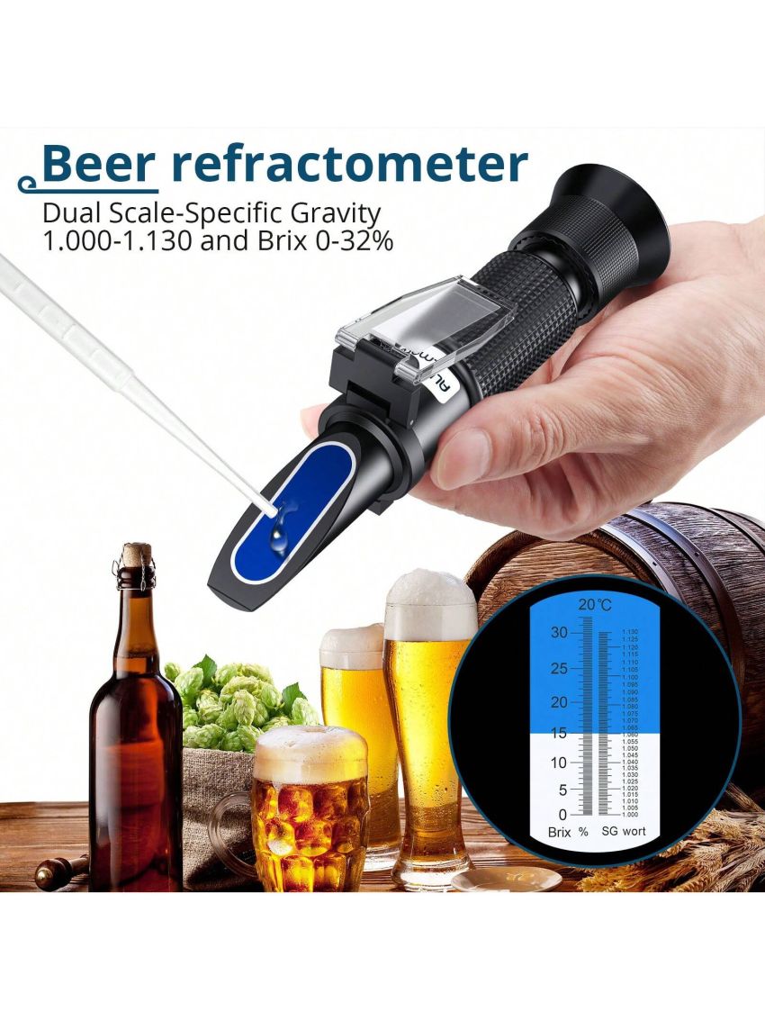 Brix Refractometer with ATC Digital Handheld Refractometer for B-eer Wine ale Fruit Sugar Dual Scale-Specific Gravity 1.000-1.130 and Brix 0-32%