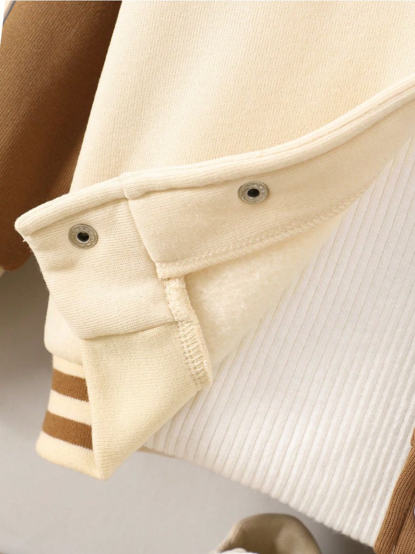 SHEIN Toddler Boys' Alphabet Pattern Bear Embroidery Baseball Jacket For Autumn Winter