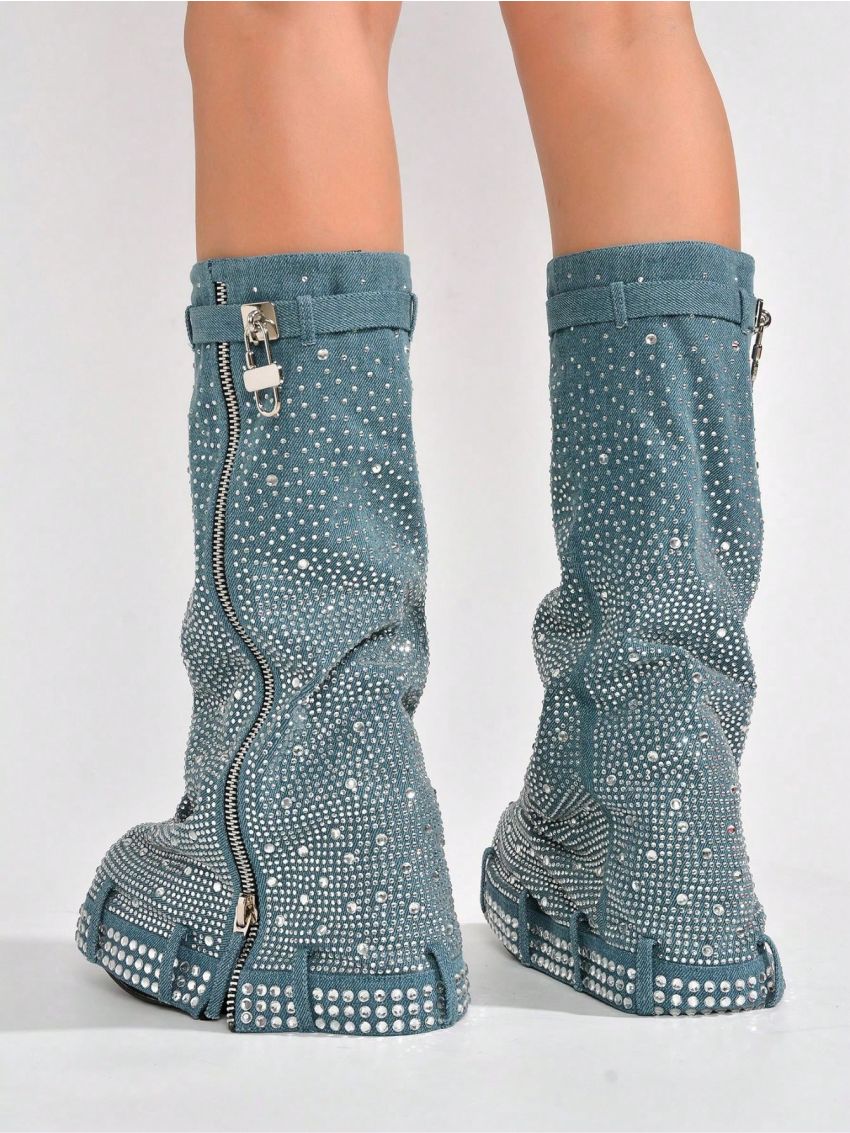 Kastel Denim Rhinestone Rainbow Platform Boots