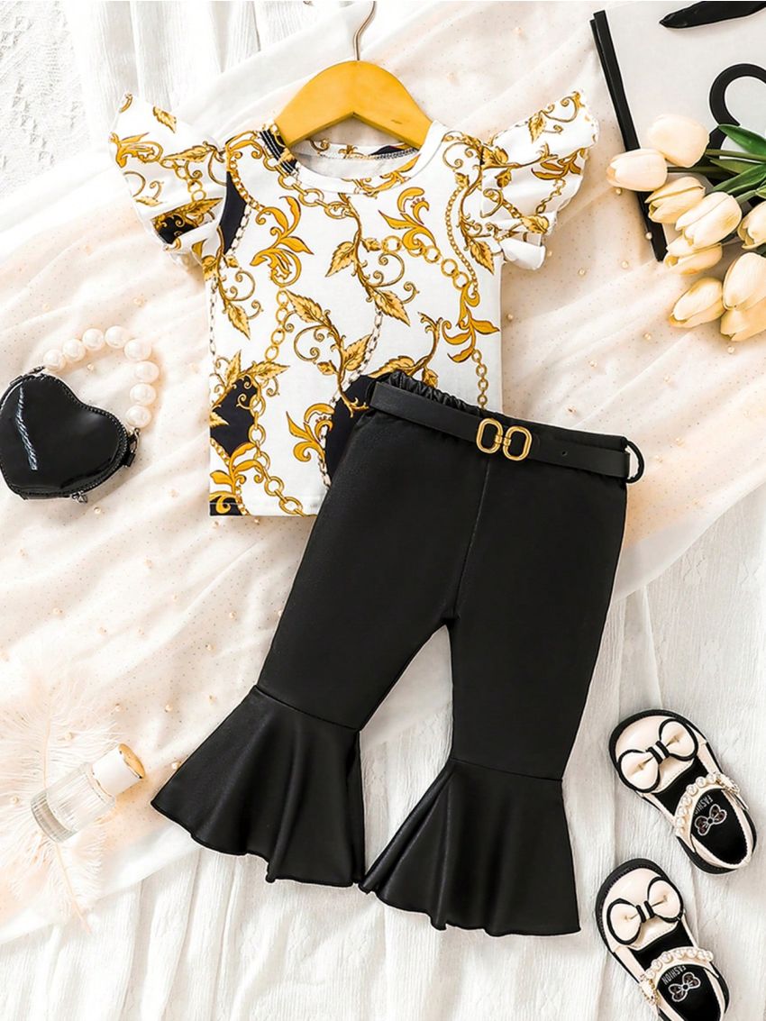Baby Girl Child Suit Chain Gorgeous Elegant Top And Faux Leather Bell Bottoms With Belt Elegant And Cute Baby Fashion