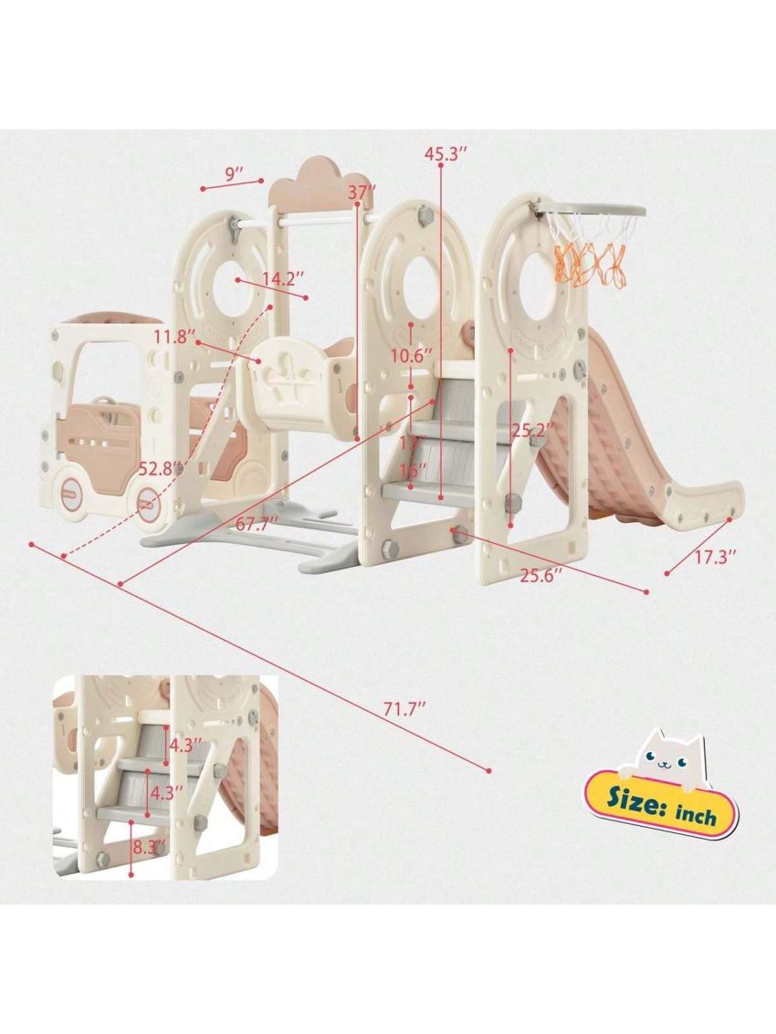 Merax Kids Swing-N-Slide with Bus Play Structure, Freestanding Bus Toy with Slide&Swing for Toddlers, Bus Slide Set with Basketball Hoop