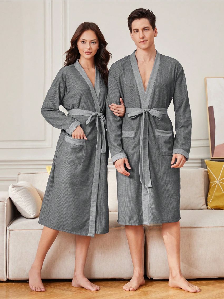 Contrast Piping Belted Simple Homewear Robe