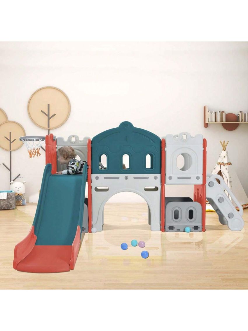 Merax Kids Slide Playset Structure, Freestanding Castle Climber with Slide and Basketball Hoop, Toy Storage Organizer for Toddlers, Kids Climbers Playhouse for Indoor Outdoor Playground Activity