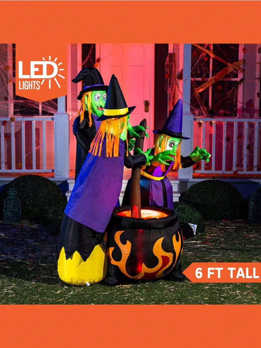 6 FT Tall Halloween Inflatable Three Witches Around Cauldron with Flame Light Inflatable Yard Decoration Blow Up Inflatables with Build-in LEDs for Halloween Party Indoor, Outdoor Decorations