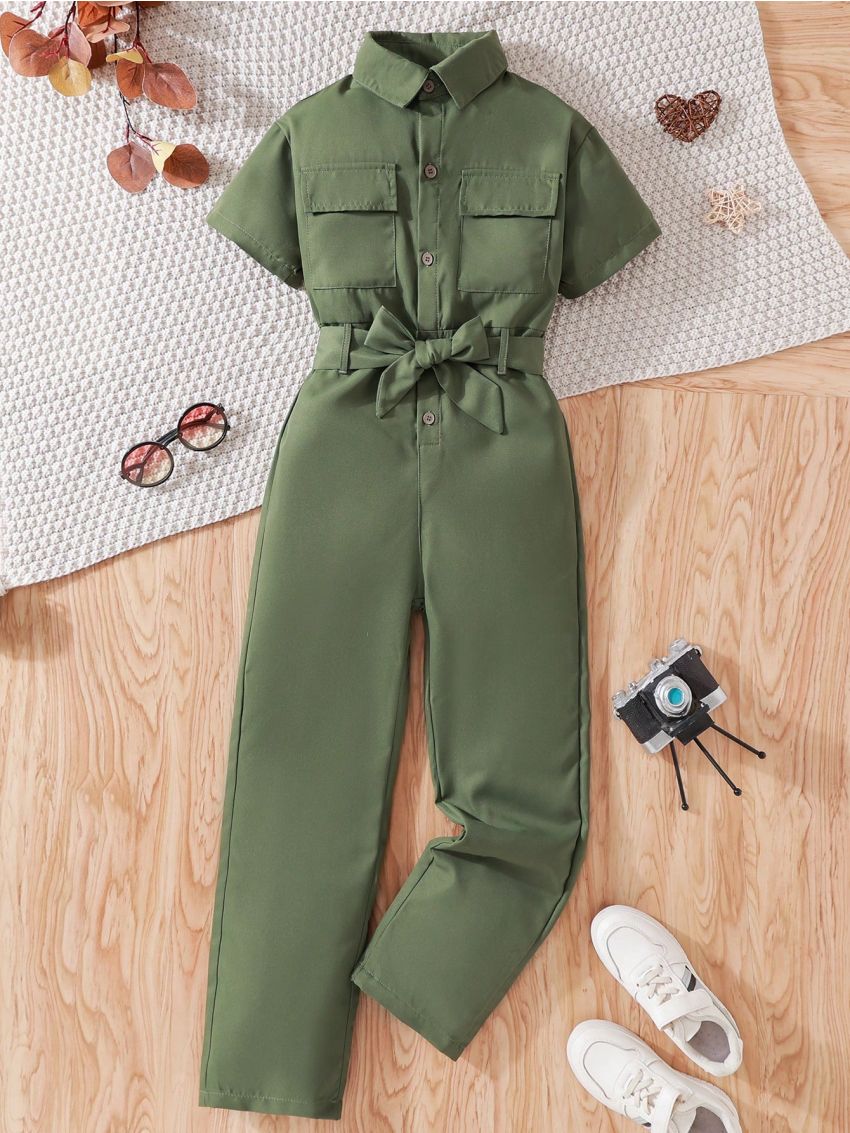 SHEIN Kids EVRYDAY Boys' Short Sleeve Belted Shirt Jumpsuit