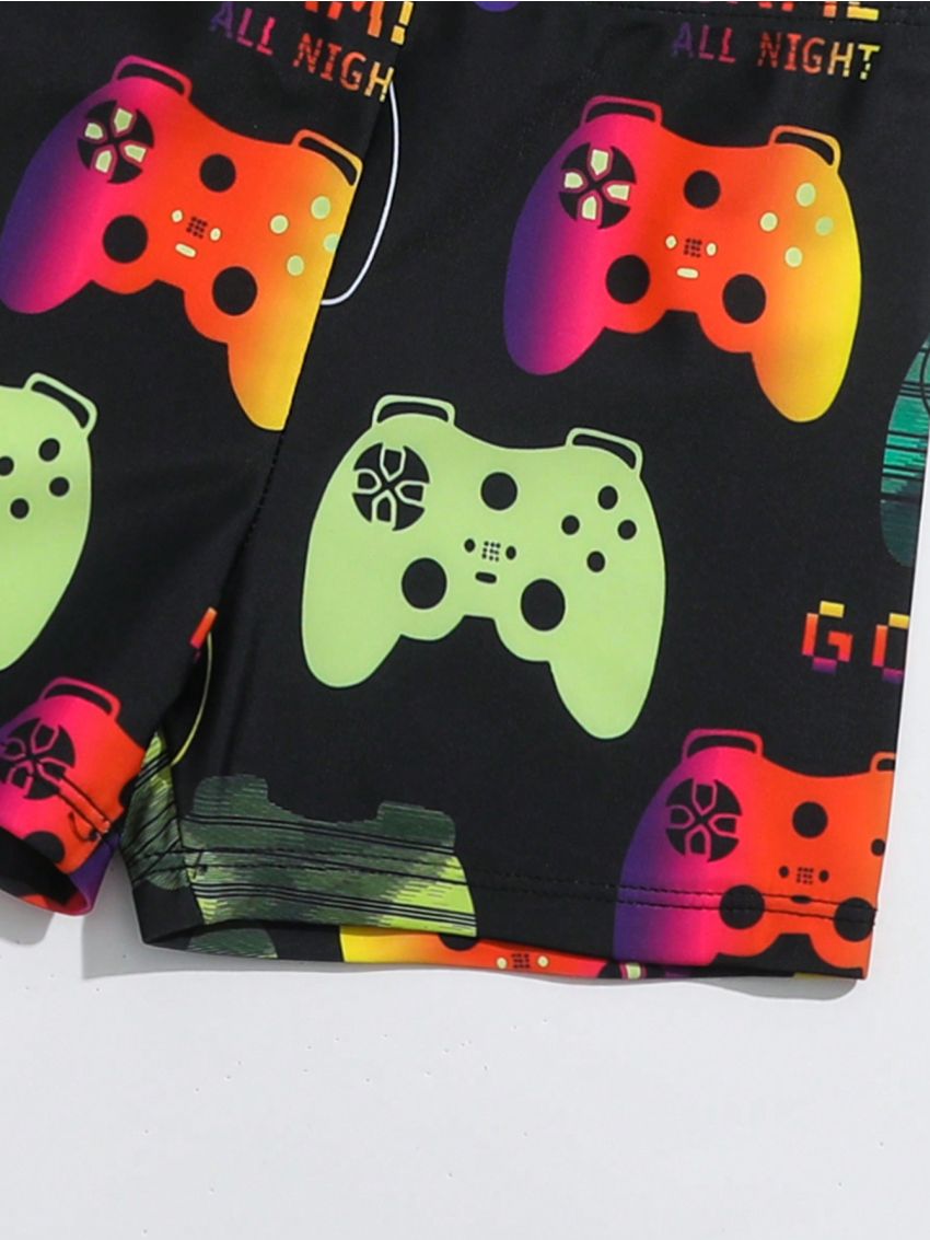 Little Boys' Video Game Console & Letter Print Short Sleeve Shorts Separate Swimwear