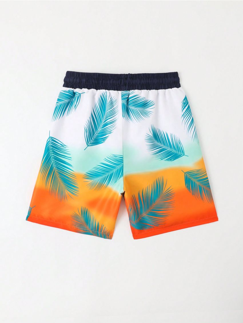 Boys' Feather Printed Drawstring Waist Swim Trunk Beach Shorts, For Teenagers