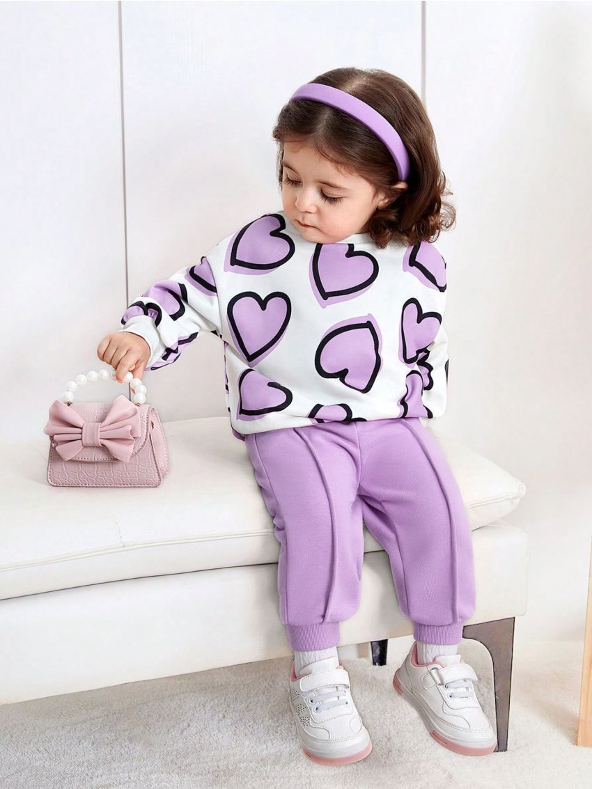 SHEIN Baby Girl Casual Heart Patterned Long Sleeve Sweatshirt And Solid Color Pants Set