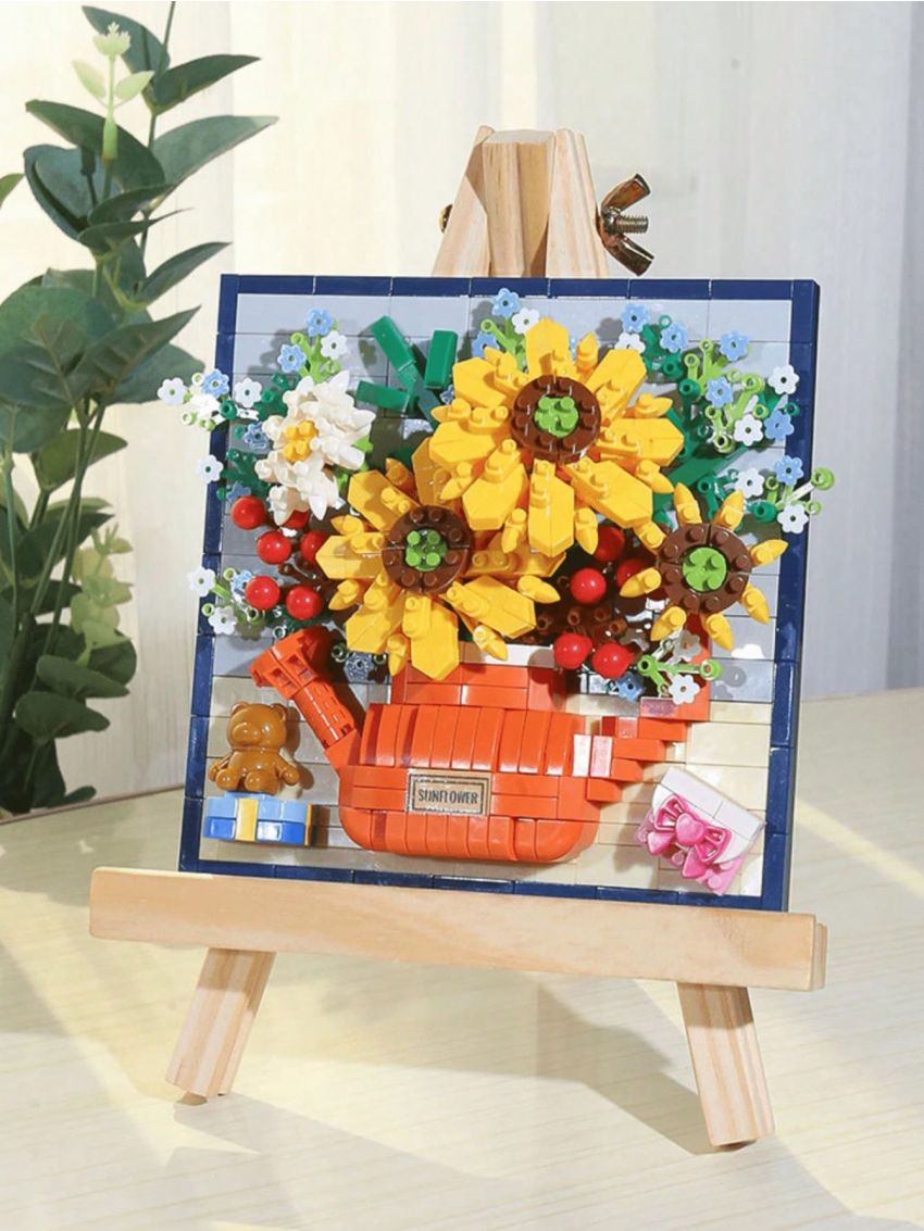1set Sunflower Flower Paintina Rack Wooden Frame FlowerBuildina Kit For Adults. Building Block Flowers Mini Building Bricks For Gifts Home Decor BotanicalCollection