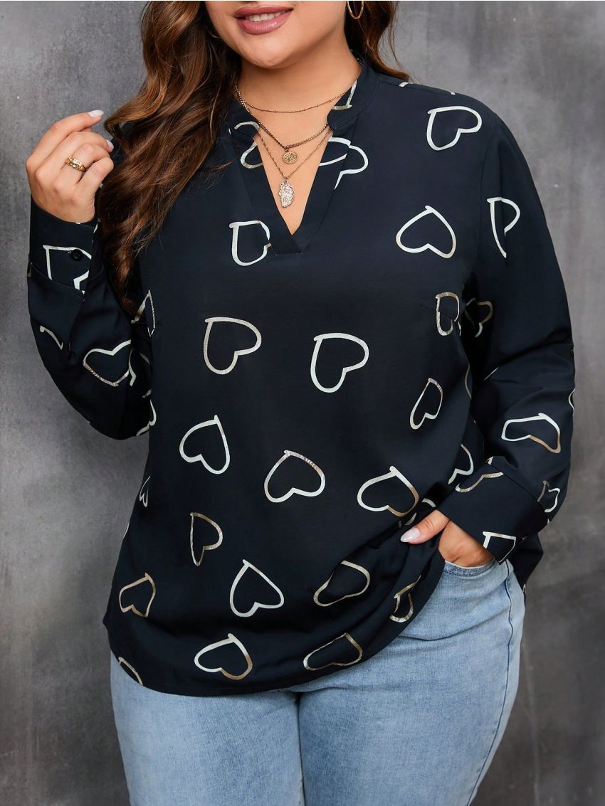 SHEIN LUNE Plus Heart Print Notched Neckline Blouse
