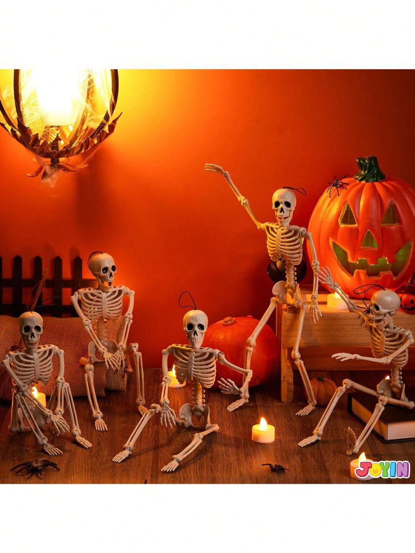 JOYIN 5 PCS Posable Halloween Skeletons 16 Inches Full Body Posable Joints Hanging Skeletons for Graveyard Decorations, Haunted House Accessories, Spooky Scene Party Favors
