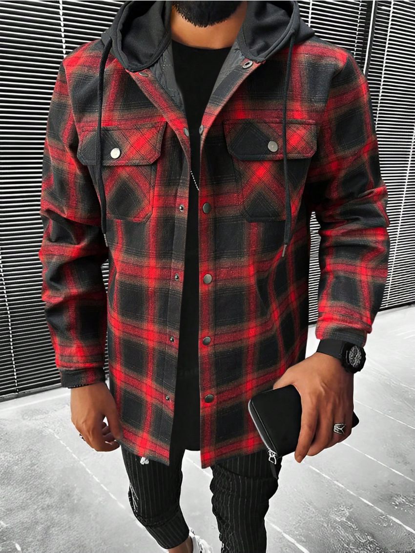 Manfinity Sporsity Men Plaid Print Flap Pocket Drawstring Hooded Shirt