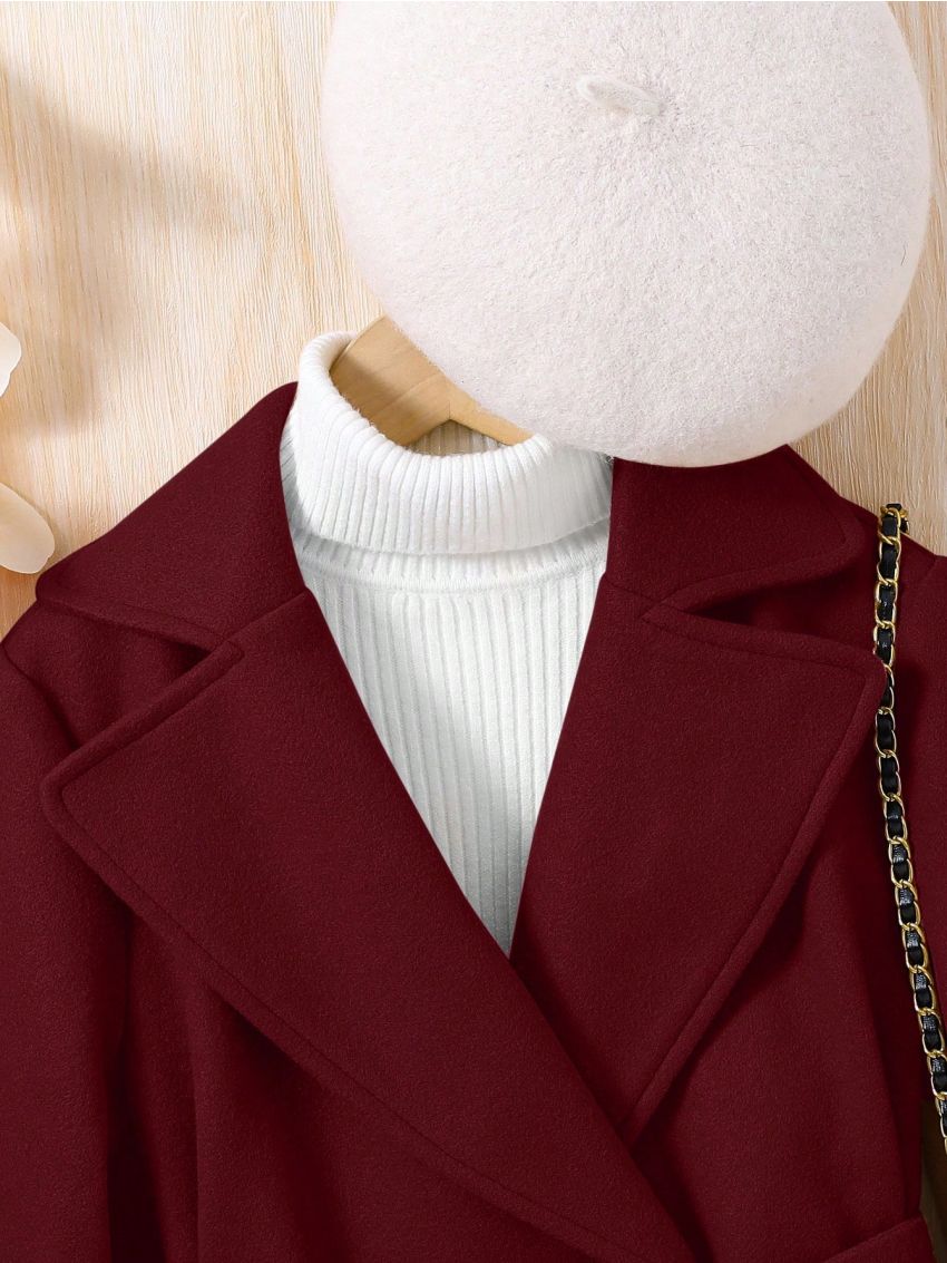 SHEIN Tween Girls Double-Breasted Belted Woolen Coat