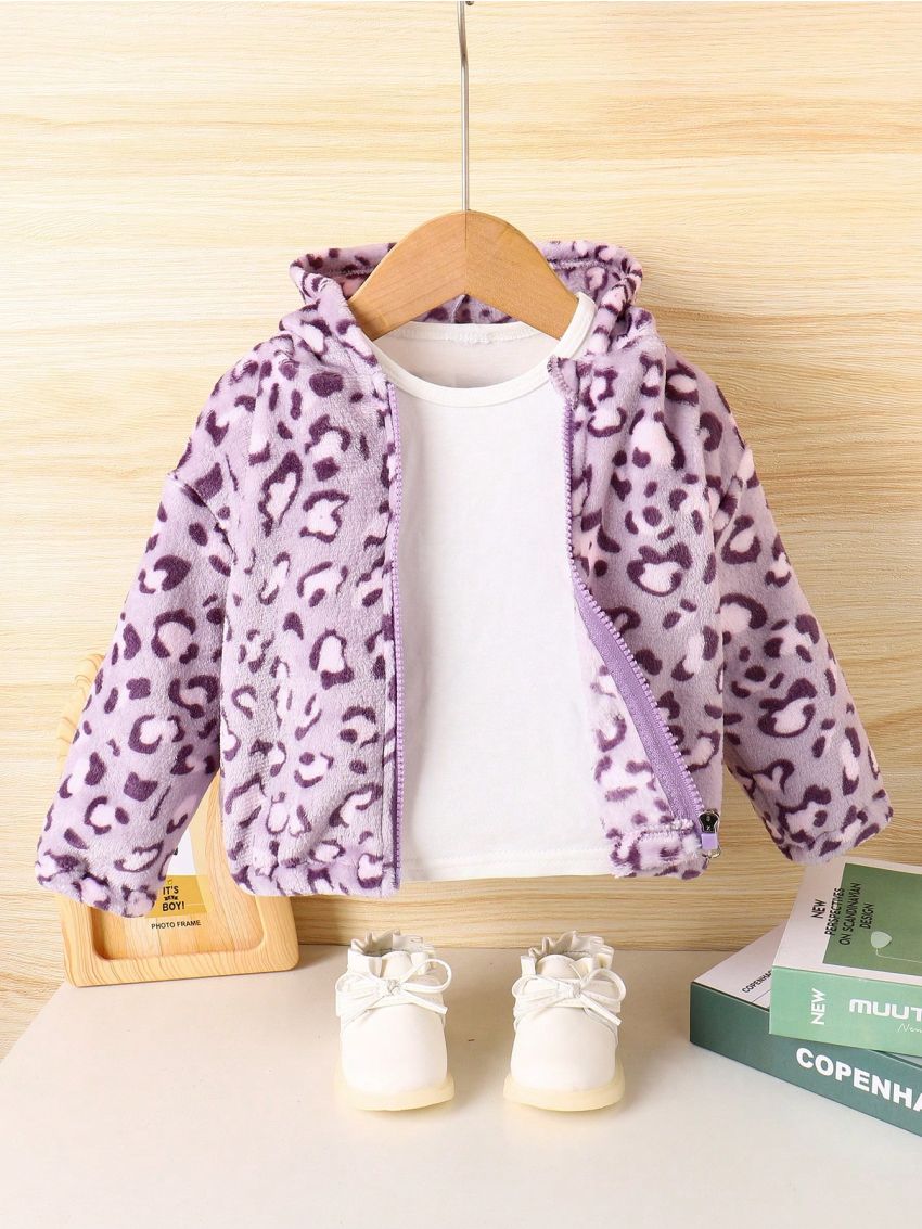 Baby Girl Leopard Pattern Hooded Flannel Coat Without Tee