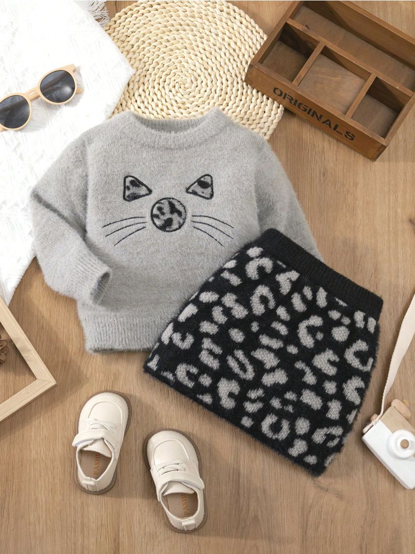 Infant Girls' Comfortable Leopard Print Skirt & Sweater Outfit Set, Winter