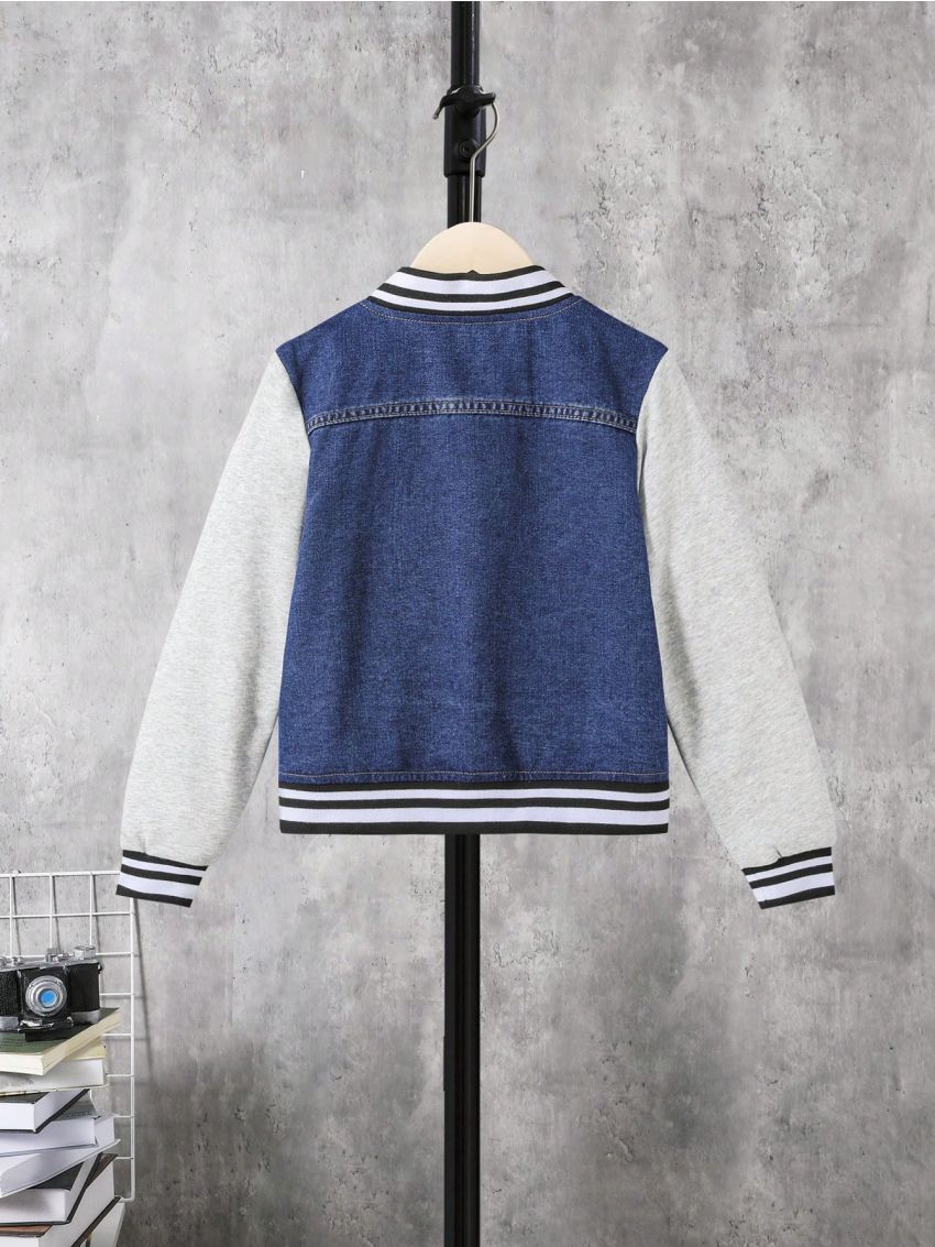 SHEIN Tween Boy Letter Patched Striped Trim Colorblock Denim Varsity Jacket Without Tee