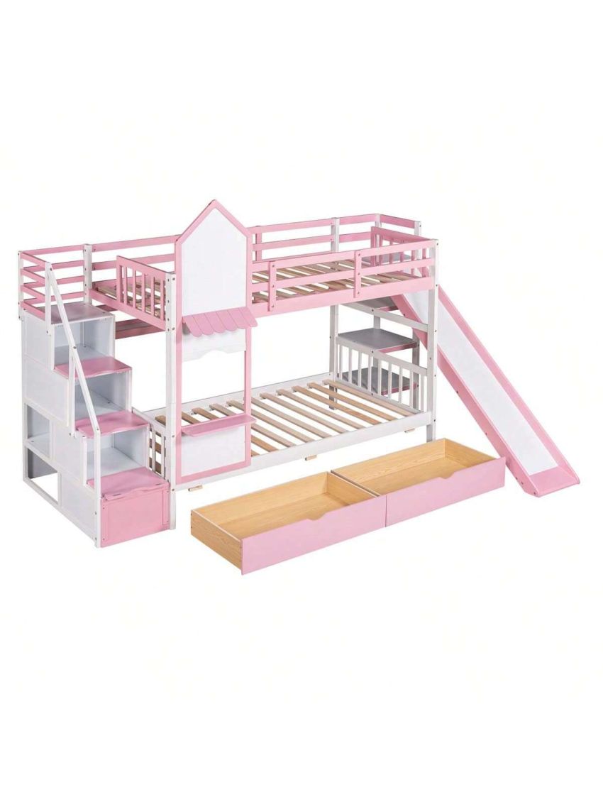 Merax Twin-Over-Twin Castle Style Bunk Bed with 2 Drawers 3 Shelves and Slide