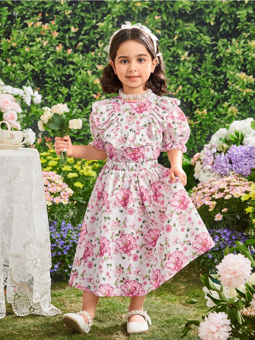 SHEIN Kids CHARMNG Tween Girl Stand Collar Ruffle Decorated Shirt And Skirt Set With Floral Print