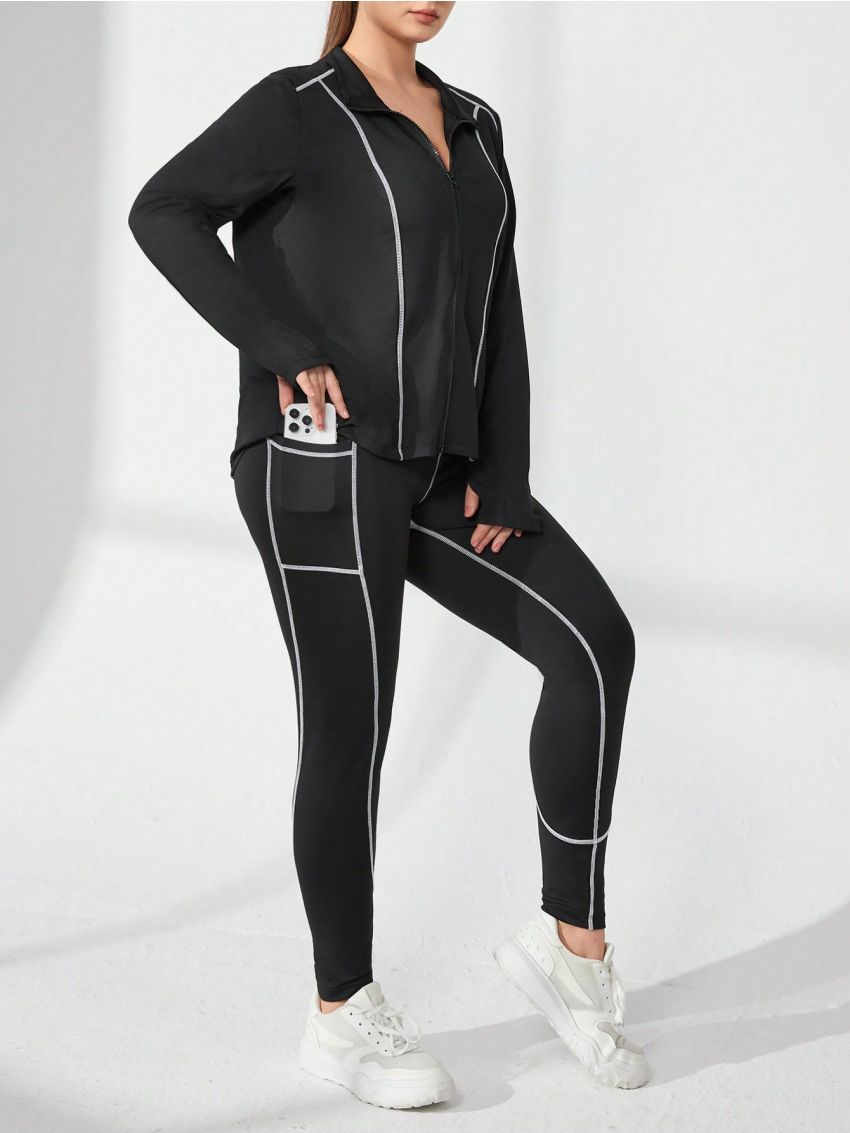 SHEIN Yoga Trendy Plus Size Striped Long Pants & Long Sleeve Top With Thumb Holes And Zipper Set